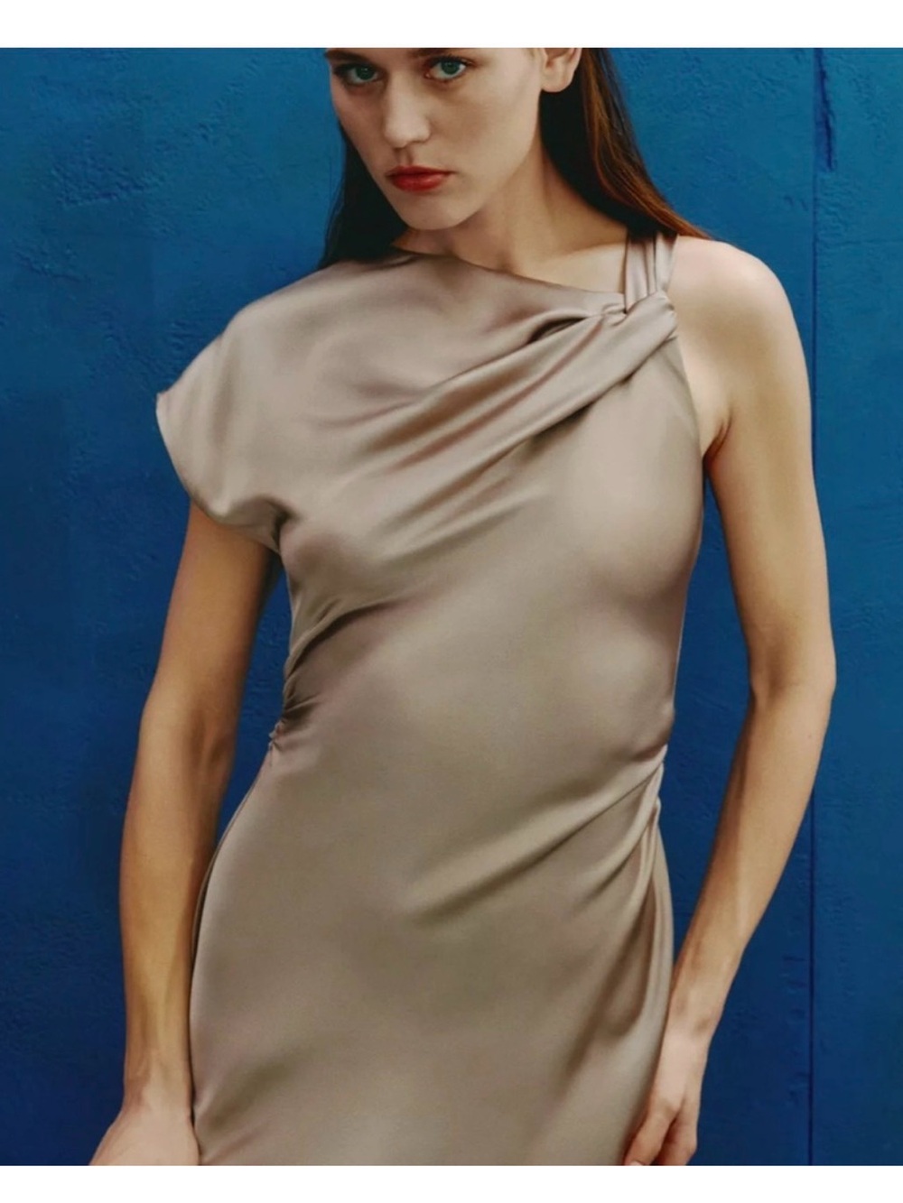 Zara One-Shoulder Satin Maxi Dress in Taupe
